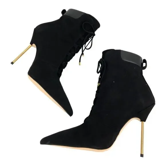 Good American Scandal Lace Up High Heel Booties Black Size 8.5 NWT $275 MSRP - Picture 2 of 8